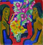 Ernst Ludwig Kirchner, Stilleben mit zwei Holzfiguren und Blumen
